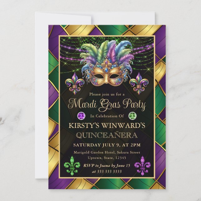 Convites Quinceanera de Mardi Gras Mascarada (Frente)