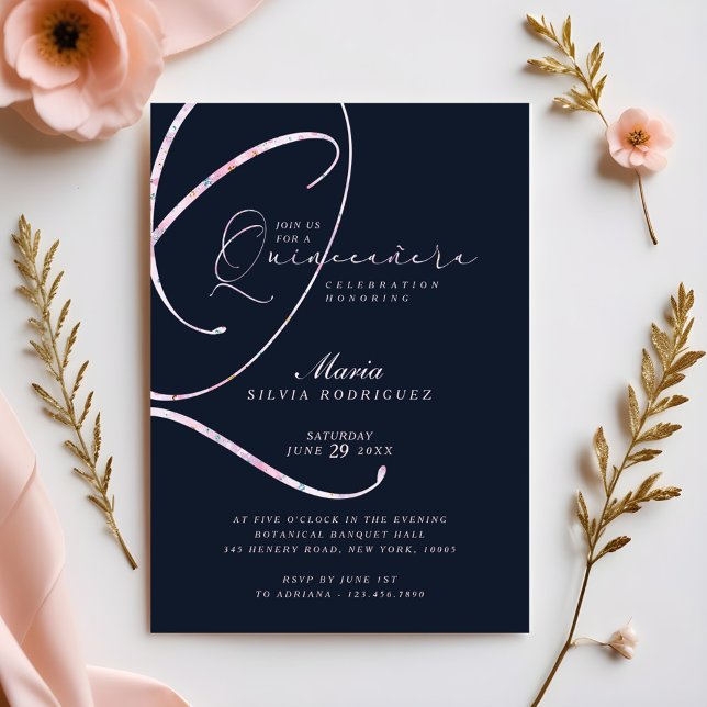 Convites Quinceañera de Marinho Mínimo Elegante e Script Ro (Elegant Minimal Navy & Pink Script Quinceañera Invitation)