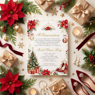 Convites Quinceañera de Natal Vermelho e Dourado