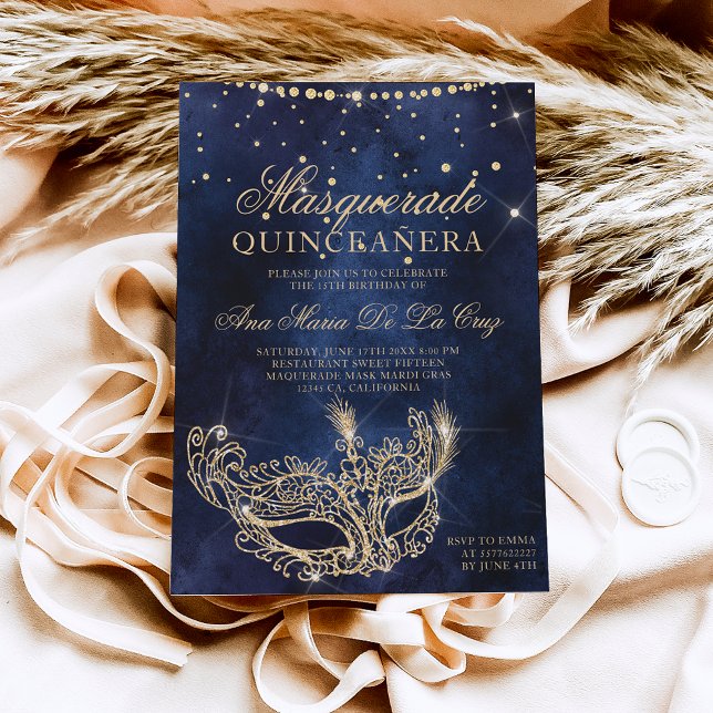 Convites quinceanera de ouro cônico com máscara de mascarad (Criador carregado)