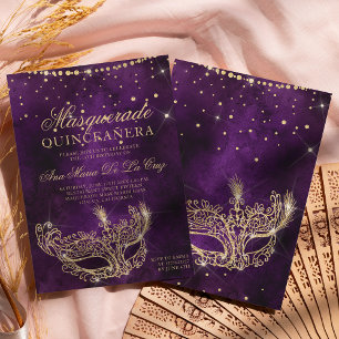 Convites quinceanera de ouro roxo com máscara de mascarada