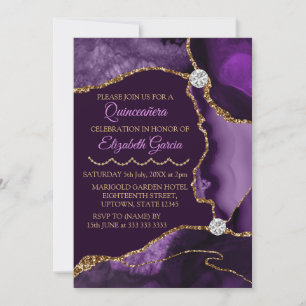 Convites Quinceanera de Purpurina e Dourado Brilhante Ágata