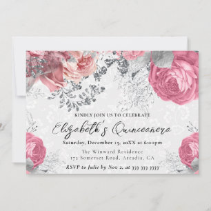 Convites Quinceanera de Rosas Roxas e Prata em Aquarela