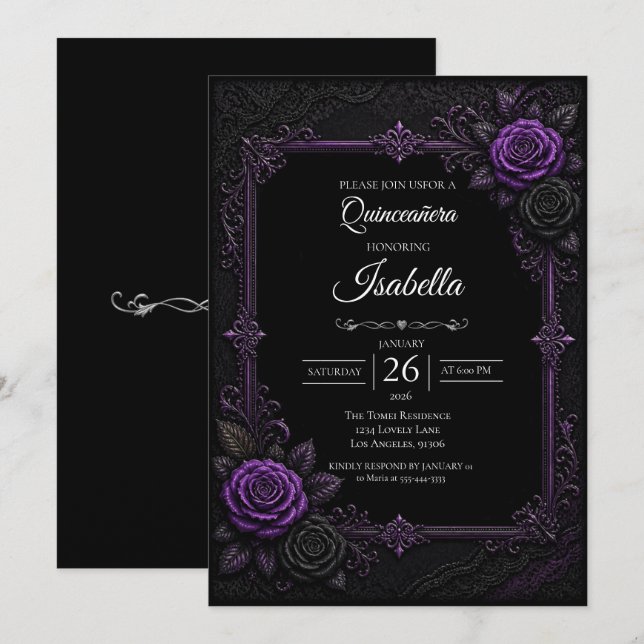 Convites Quinceañera de rosas roxas vintage (Frente/Verso)
