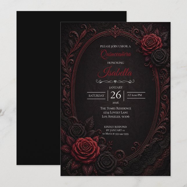 Convites Quinceañera de rosas vermelhas góticas (Frente/Verso)