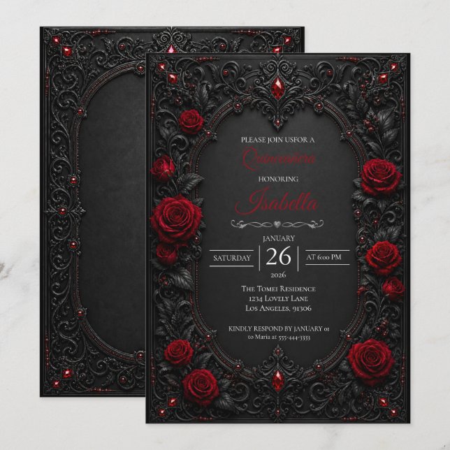 Convites Quinceañera de rosas vermelhas góticas (Frente/Verso)
