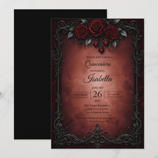 Convites Quinceañera de rosas vermelhas góticas (Frente/Verso)