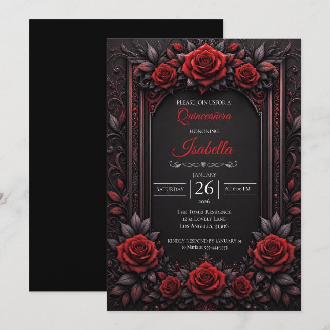 Convites Quinceañera de rosas vermelhas góticas (Frente/Verso)