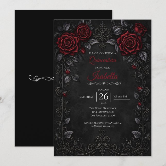 Convites Quinceañera de rosas vermelhas góticas (Frente/Verso)