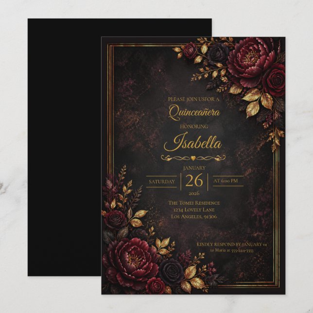 Convites Quinceañera de rosas vermelhas góticas (Frente/Verso)