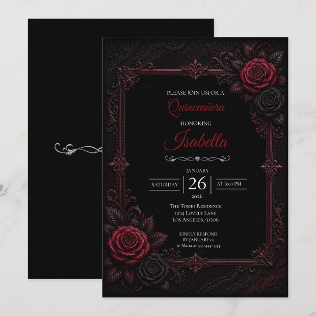 Convites Quinceañera de rosas vermelhas góticas (Frente/Verso)