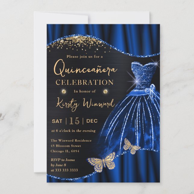 Convites Quinceanera De Vestido Azul E Dourado (Frente)