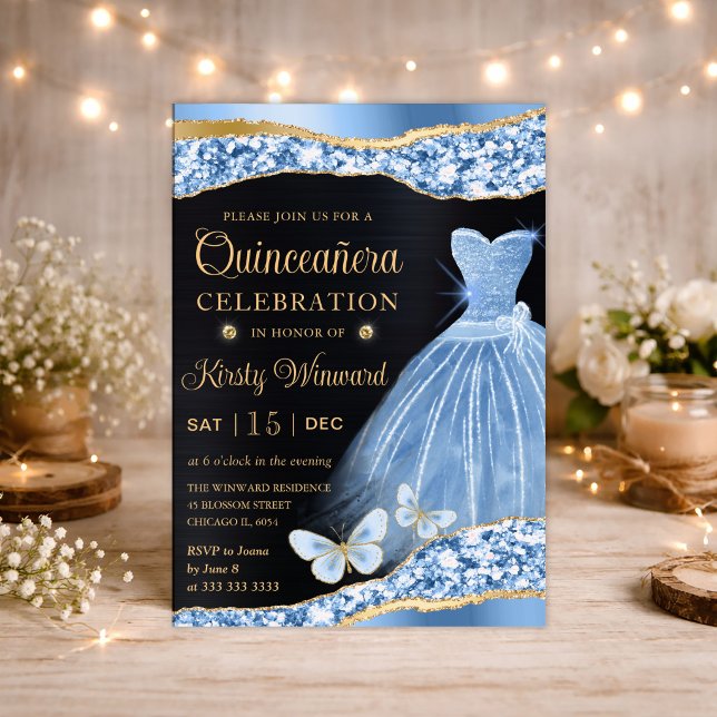 Convites Quinceanera De Vestido Azul E Dourado (Criador carregado)