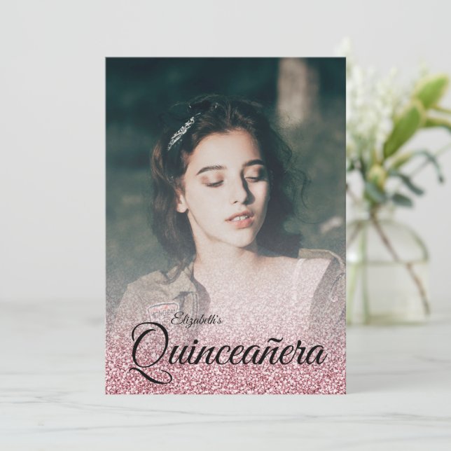 Convites Quinceanera de vestir com brilho Dourado do rosa (Em pé/Frente)