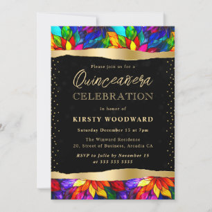 Convites Quinceanera de Vidro Manchado Multicolorido e Dour