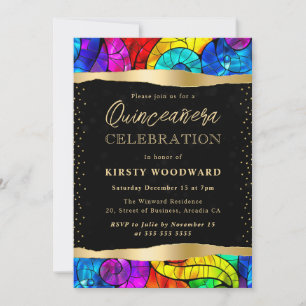 Convites Quinceanera de Vidro Manchado Multicolorido e Dour