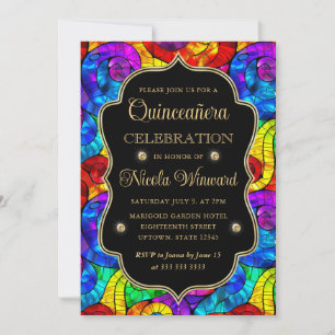 Convites Quinceanera de Vidro Manchado Multicolorido e Dour