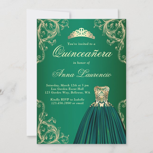 Convites Quinceanera Decorativa do Vestido Dourado Emerald  (Frente)