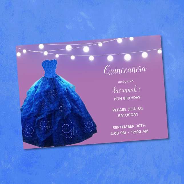Convites Quinceanera Denim Blue Lavanda String Lights (Criador carregado)