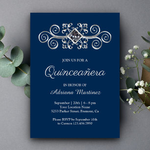Convites Quinceanera Diamante Azul Marinho com Floreio Prat