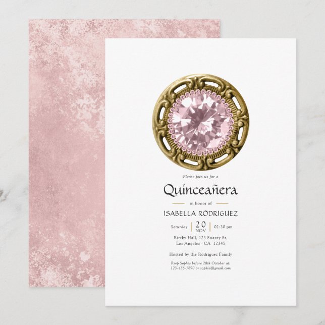 Convites Quinceañera Diamante Rosa (Frente/Verso)