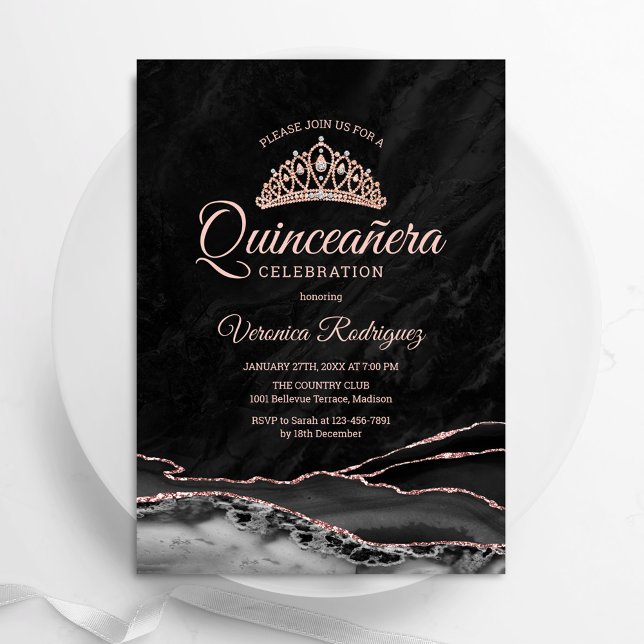Convites Quinceanera do Agate Dourado Rosa negro (Criador carregado)