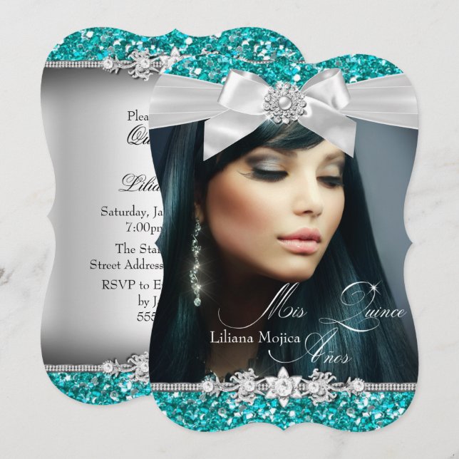 Convites Quinceanera do Arco de Silver e Teal Glitter (Frente/Verso)