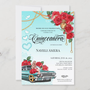 Convites Quinceanera do Coração Sagrado Chola, rosa vermelh