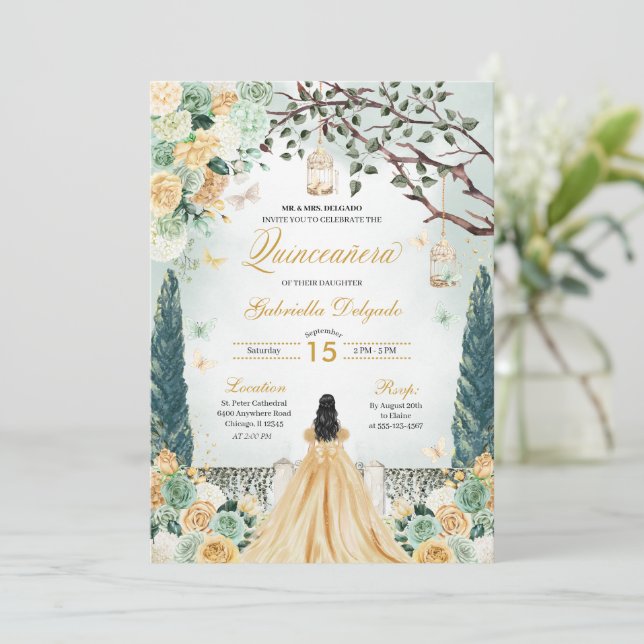 Convites Quinceanera do Jardim Encantado da Princesa Verde  (Em pé/Frente)