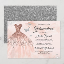 Convites Quinceanera do Vestido Sparkle Dourado com Rosa de