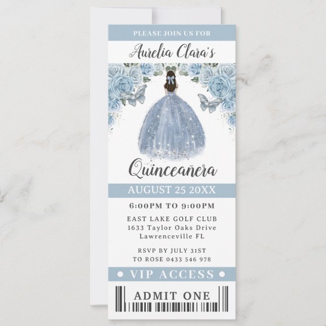 Convites Quinceañera Doce Azul 16 Bilhete VIP (Frente)
