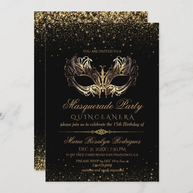 Convites Quinceanera Dourada (Frente/Verso)