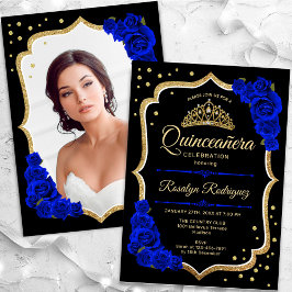 Convites Quinceanera Dourada Azul Negro