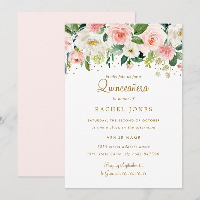 Convites Quinceanera Dourada Blush Floral (Frente/Verso)