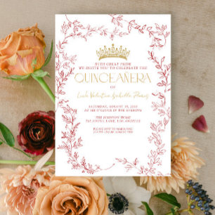 Convites Quinceañera Dourada Botânica Vermelha Moderna
