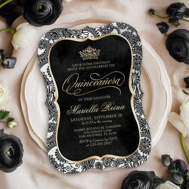 Convites Quinceañera Dourada Branca Negra (Criador carregado)