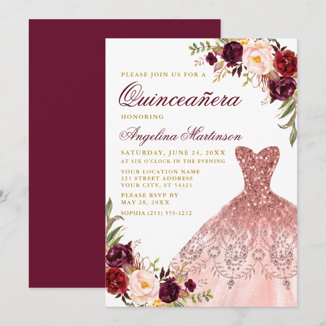 Convites Quinceanera Dourada Burgundy Vestido Floral (Frente/Verso)