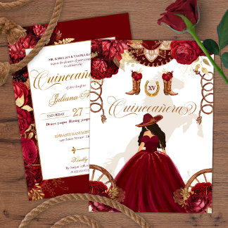 Convites Quinceanera Dourada Burgundy Western Charro 2 Side