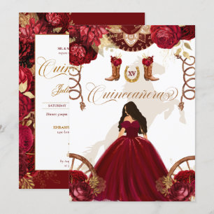 Convites Quinceanera Dourada Burgundy Western Charro 2 Side