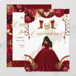 Convites Quinceanera Dourada Burgundy Western Charro 2 Side