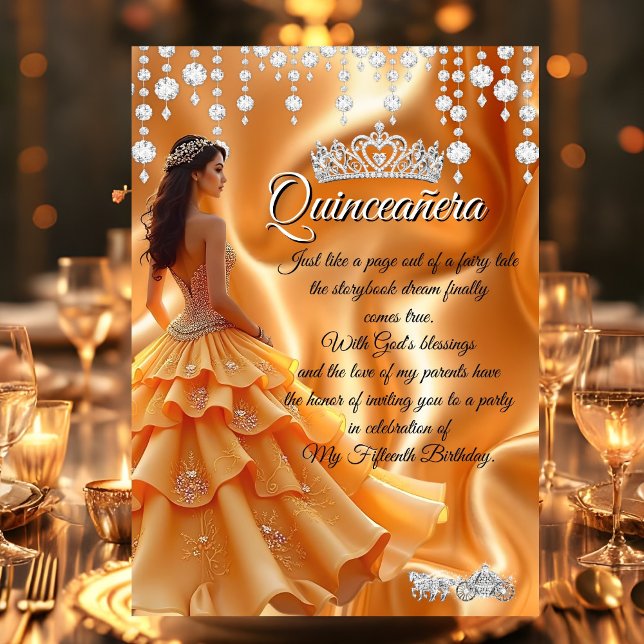 Convites Quinceanera Dourada Carruagem Amarela Tiara (Criador carregado)
