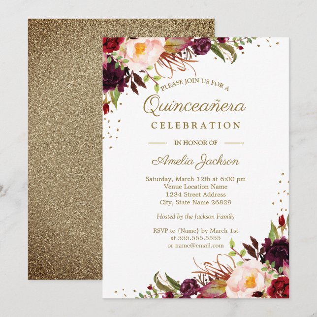 Convites Quinceanera Dourada com Aquarela Floral Burgundy (Frente/Verso)
