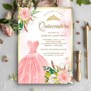 Convites Quinceanera Dourada com Palha Floral Cor-de-Água C