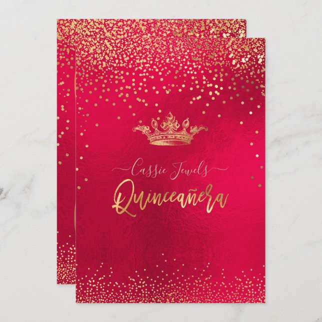 Convites Quinceanera Dourada Confetti+Princesa Coroa (Frente/Verso)