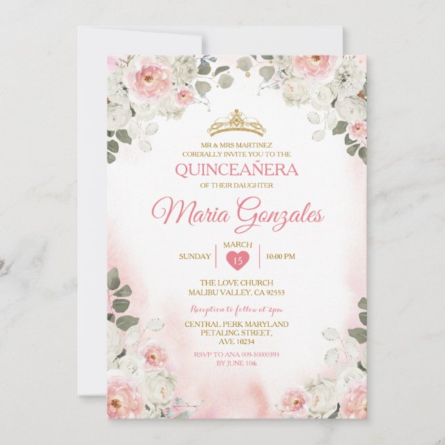 Convites Quinceañera, Dourada Coroa Mexicana, Cor Floral Ro (Frente)