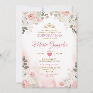 Convites Quinceañera, Dourada Coroa Mexicana, Cor Floral Ro