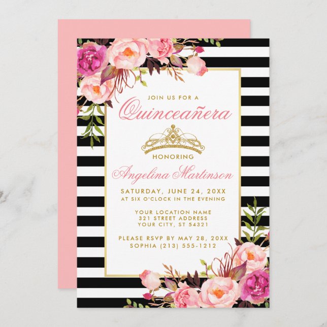 Convites Quinceanera Dourada Coroa Rosa Estimulada Floral (Frente/Verso)