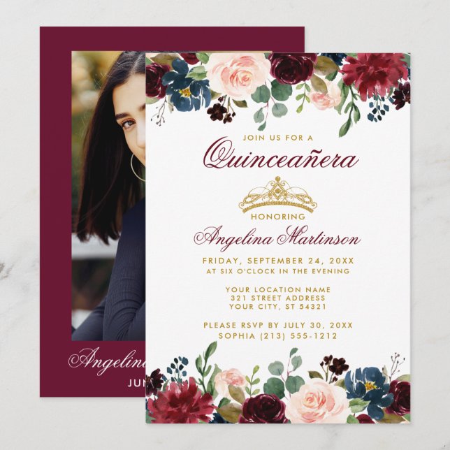 Convites Quinceanera Dourada Crown Burgundy Foto Floral Azu (Frente/Verso)