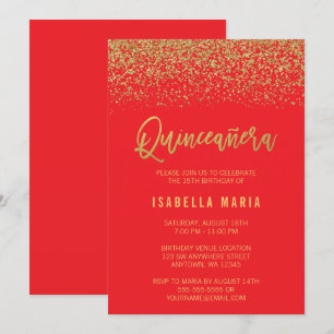 Convites Quinceanera Dourada de Falsa Vermelha Moderna