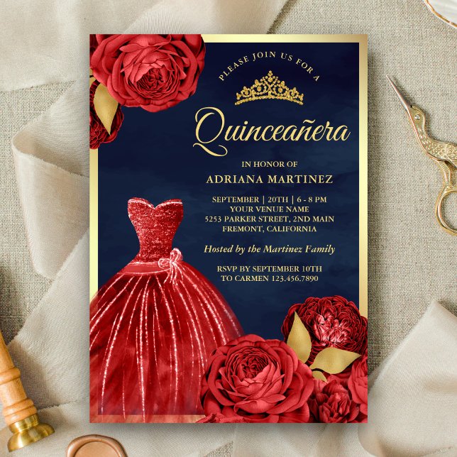 Convites Quinceanera Dourada de Marinho de Rosas vermelhas  (Criador carregado)